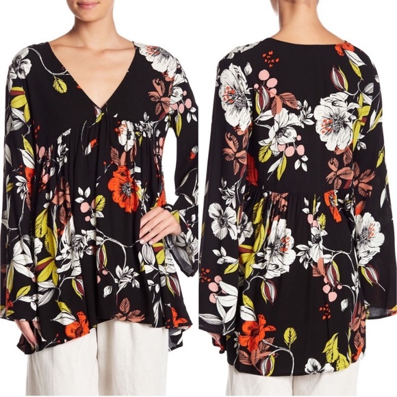 FREE PEOPLE BELLA PRINTED FLORAL V-NECK LONG SLEEVE TUNIC, BLACK, SIZE XS (NWT) - Picture 5 of 7
